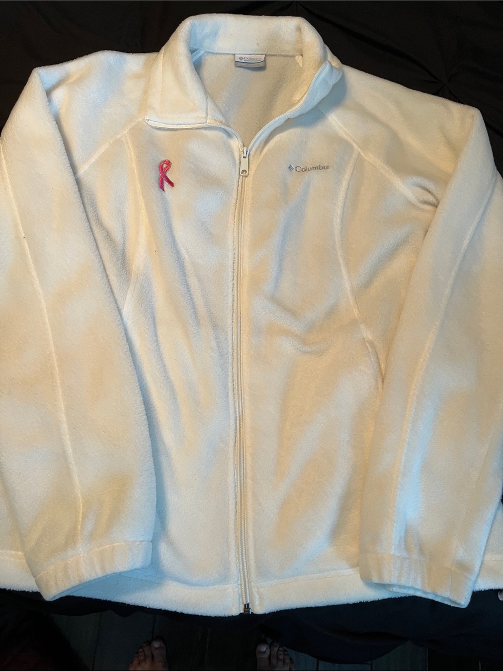 Columbia White Full-Zip Fleece Jacket with Pink Ribbon Accent